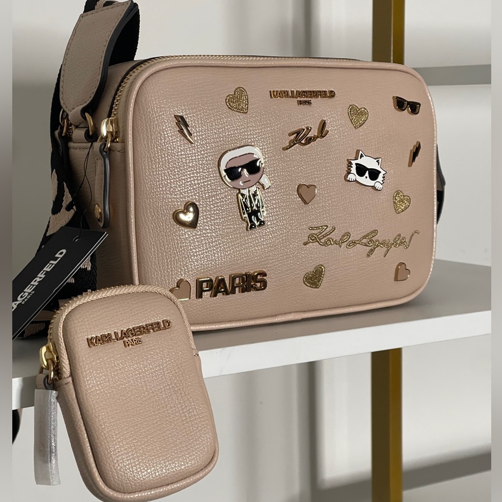 KARL LAGERFELD PARIS Maybelle Beige Black Web Crossbody Strap Bag Purse